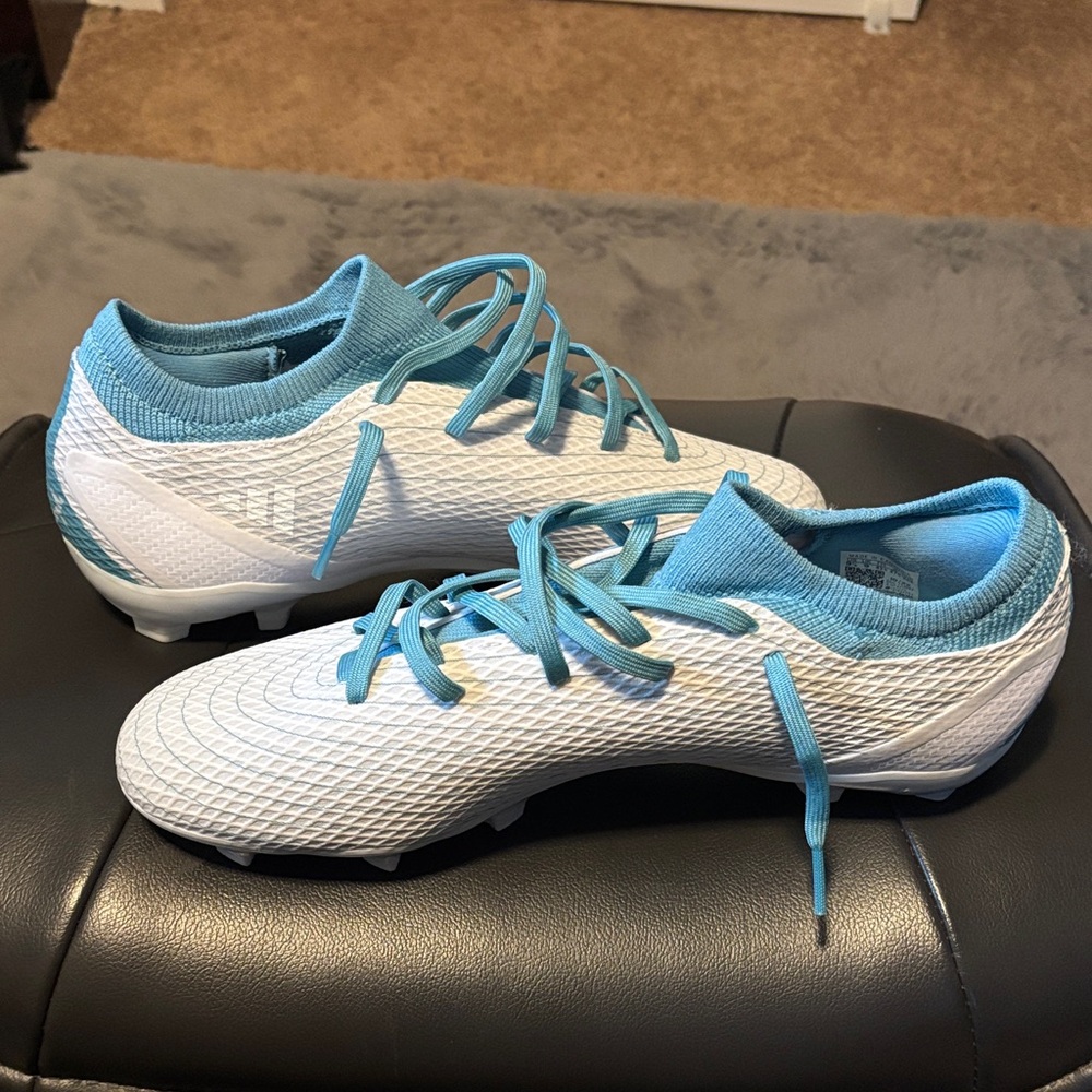Adidas White and Light Blue Soccer Cleats